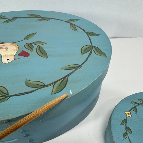 Russ Hand Painted Wood Cheese Box Trinket Storage Blue Folk Art Cottagecore - Picture 6 of 12